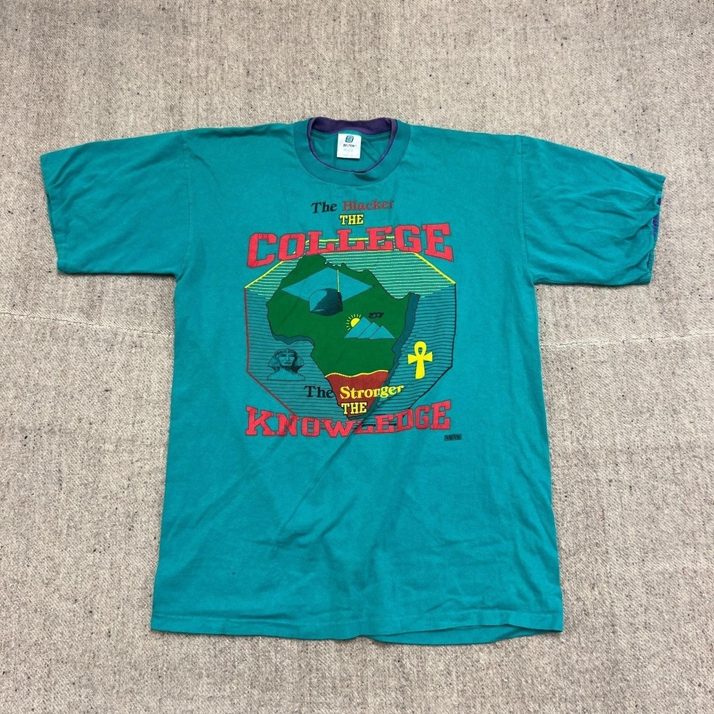 Vintage Black Collegeโ Shirt Mens Large Blue 1990s Stronger Knowledge